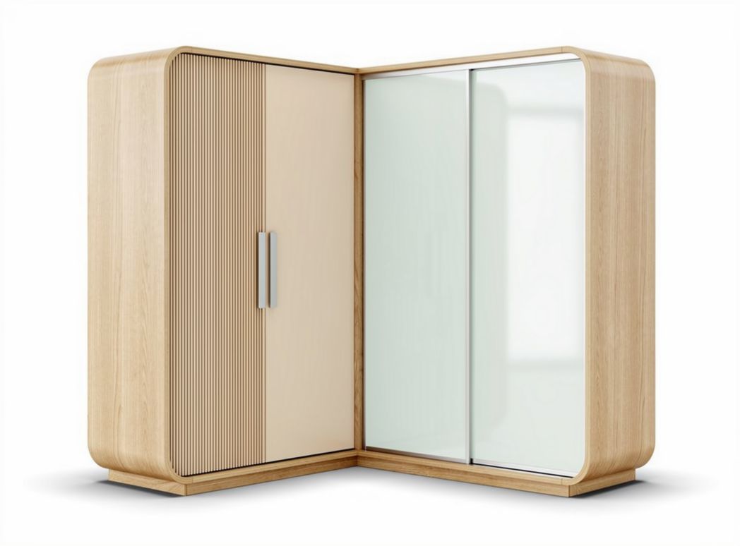 Armadio angolare in legno chiaro con ante in vetro 150 x 100 x 75cm