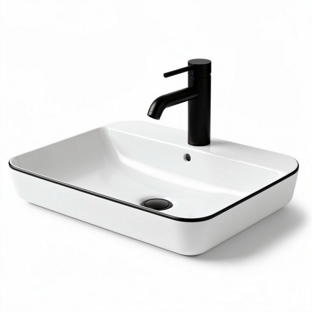 Lavabo da appoggio quadrato bianco con bordi neri 50 x 35 x 15cm