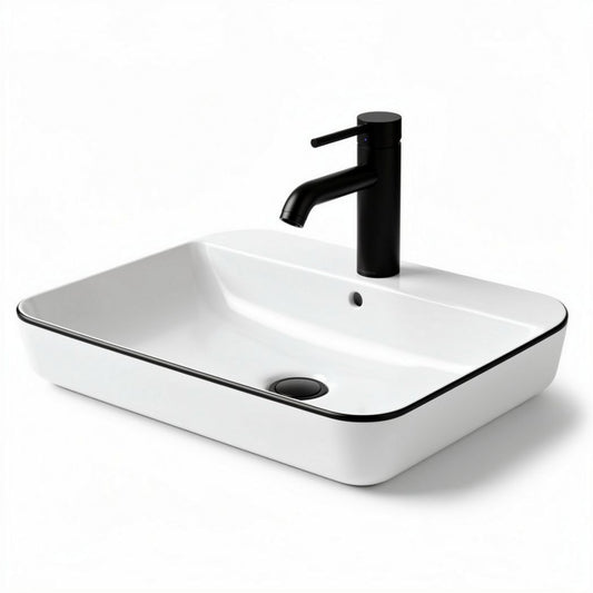 Lavabo da appoggio quadrato bianco con bordi neri 50 x 35 x 15cm