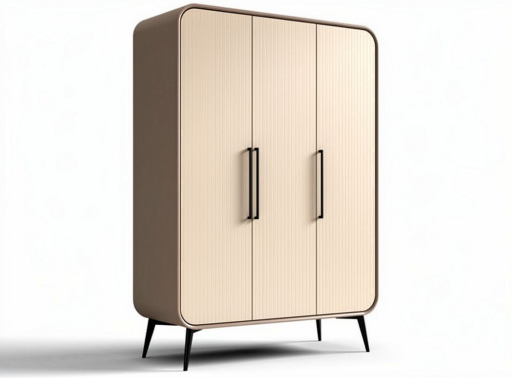 Armadio a tre ante in legno impiallacciato beige con maniglie nere 120 x 60 x 180cm