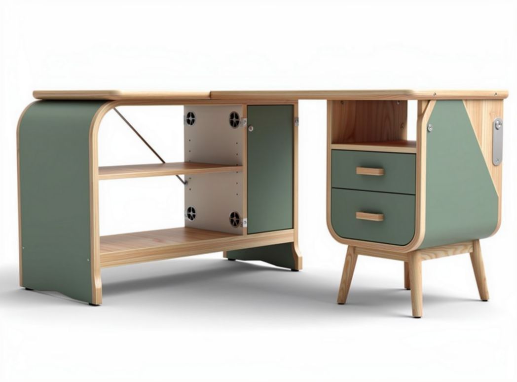 Scrivania angolare in legno con cassetti e ripiani 150 x 70 x 75cm verde e naturale