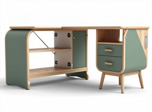 Scrivania angolare in legno con cassetti e ripiani 150 x 70 x 75cm verde e naturale