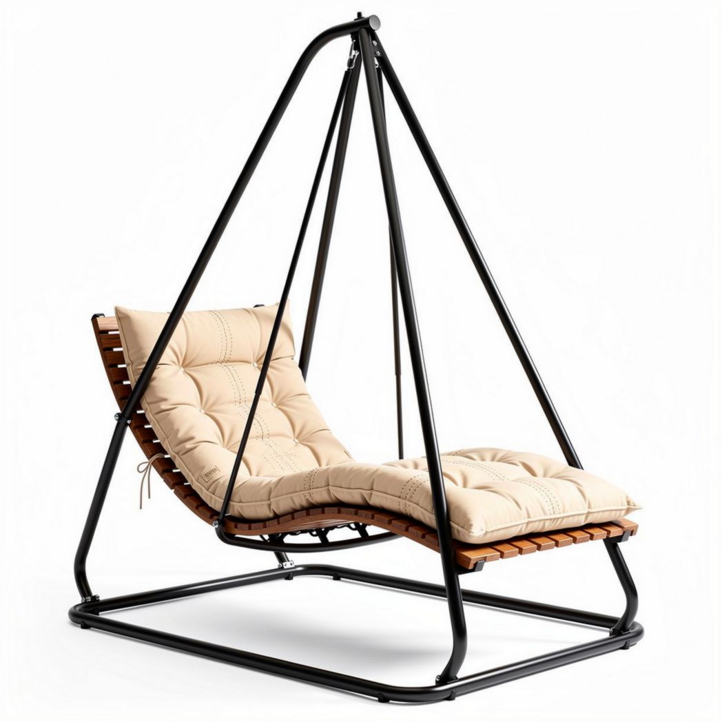 Sedia a dondolo da esterno in metallo e legno con cuscino beige 160 x 105 x 150cm