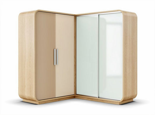 Armadio angolare in legno chiaro con ante in vetro 150 x 100 x 75cm