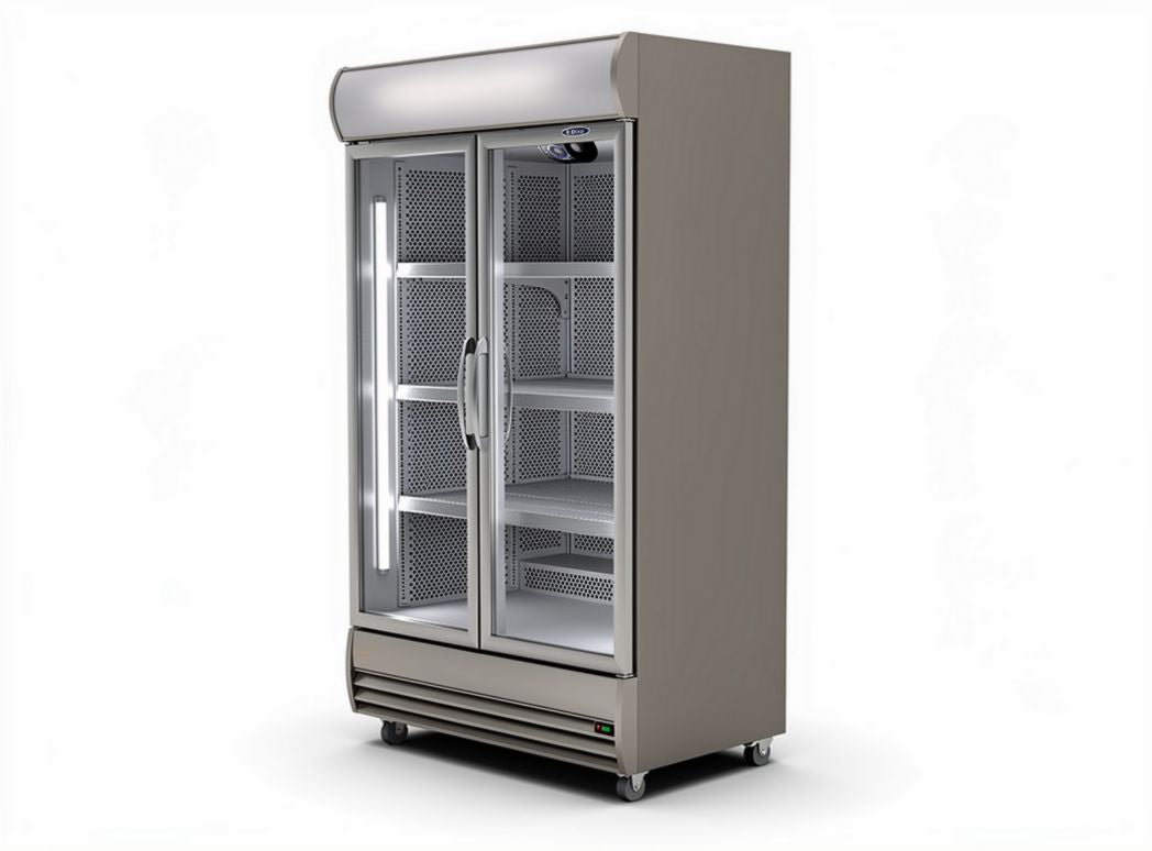Frigorifero in acciaio inox con porte in vetro e ruote 150 x 70 x 180cm
